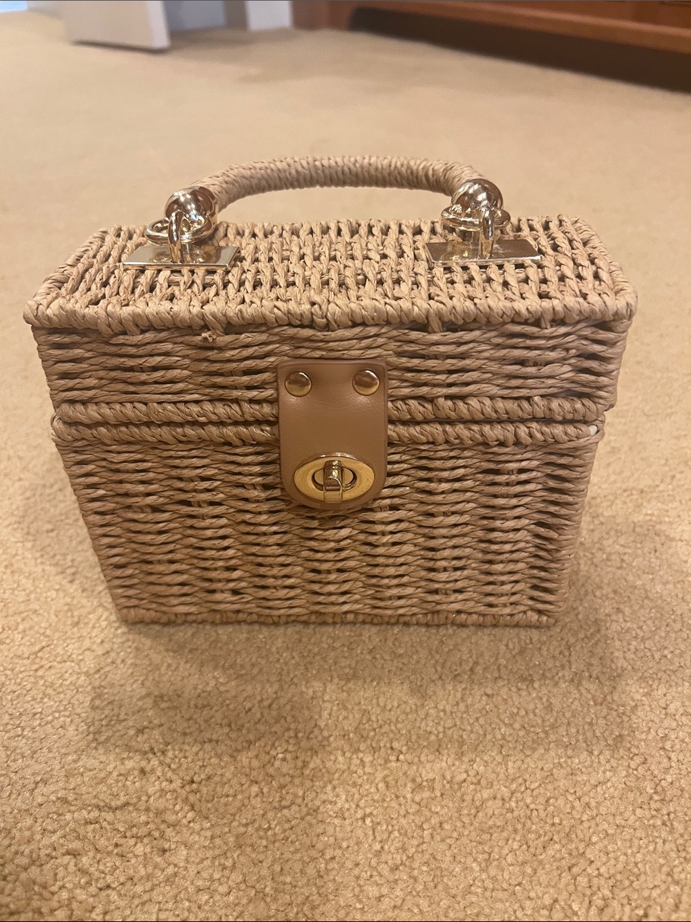 Woven Mini Box Bag with Top Handle in Natural